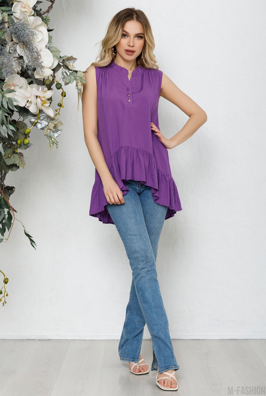 Фиолетовая асимметричная блуза без рукавов с воланом- Фото 4