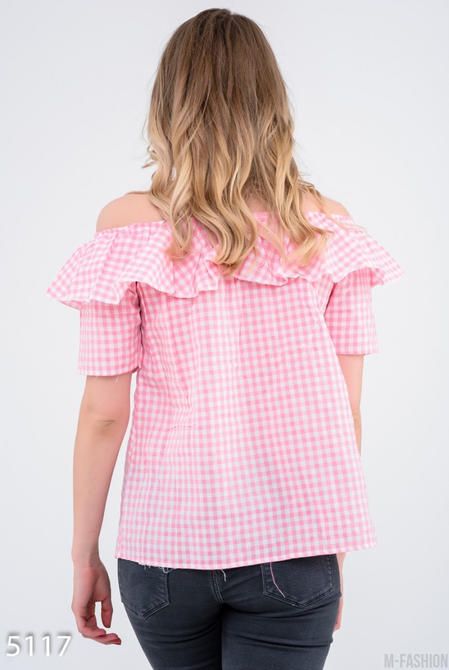 Розовая клетчатая блузка с отворотом-воланом и вышивкой- Фото 5
