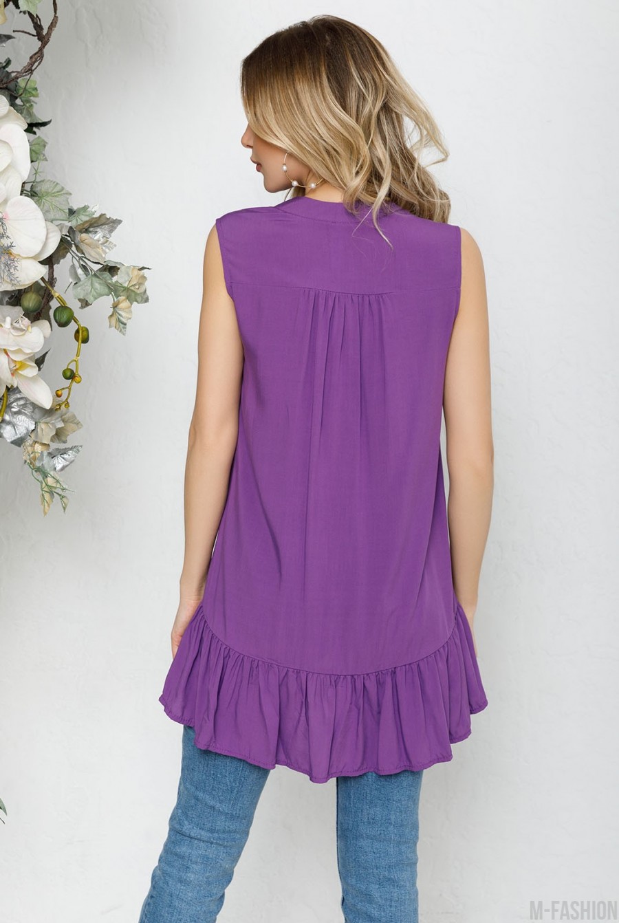 Фиолетовая асимметричная блуза без рукавов с воланом- Фото 3