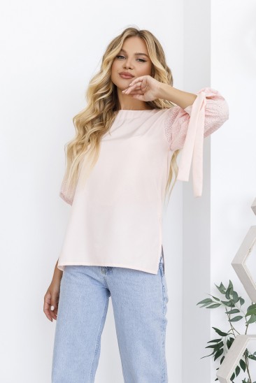 Розовая комбинированная блуза с рукавами-фонариками
