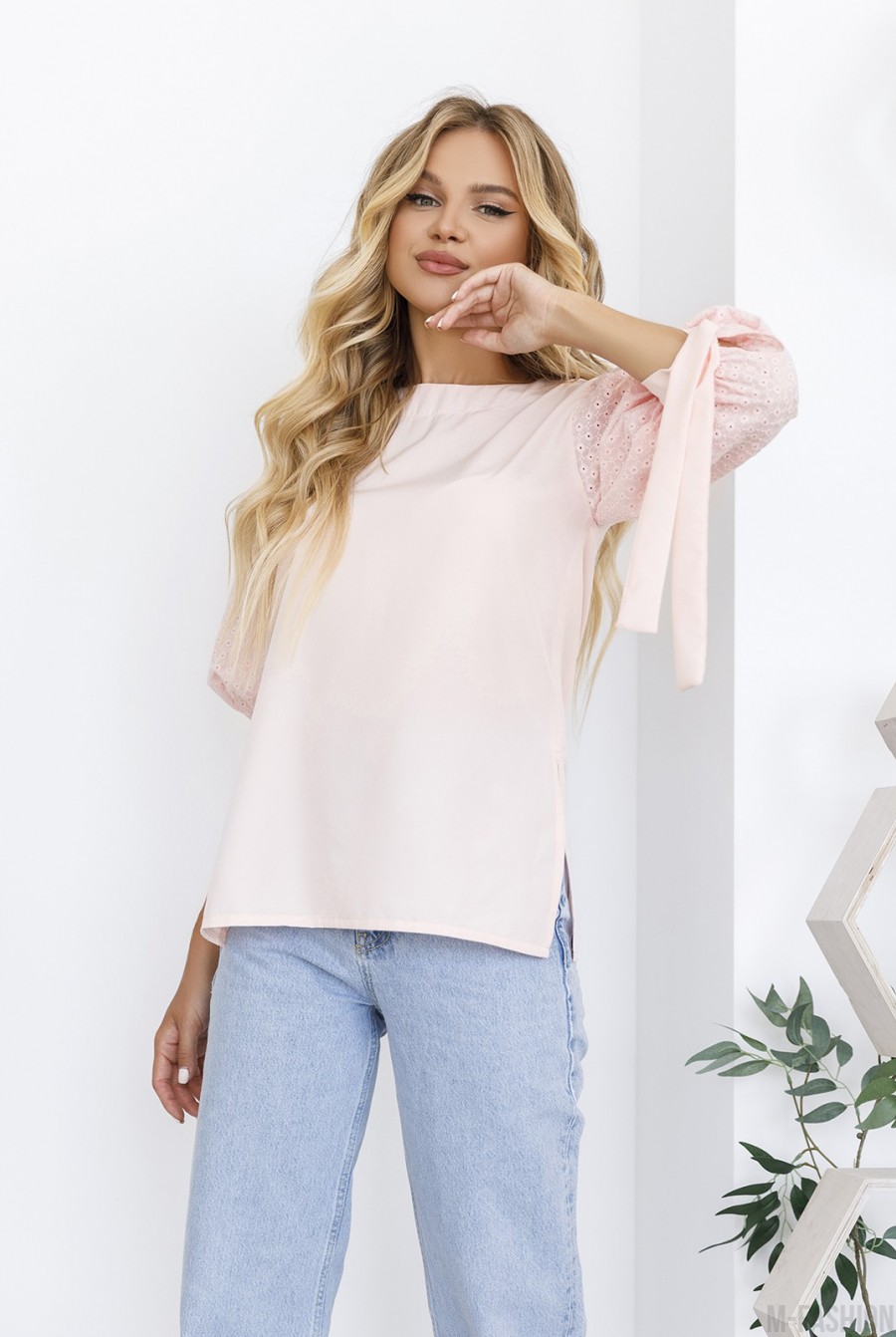 Розовая комбинированная блуза с рукавами-фонариками - Фото 1