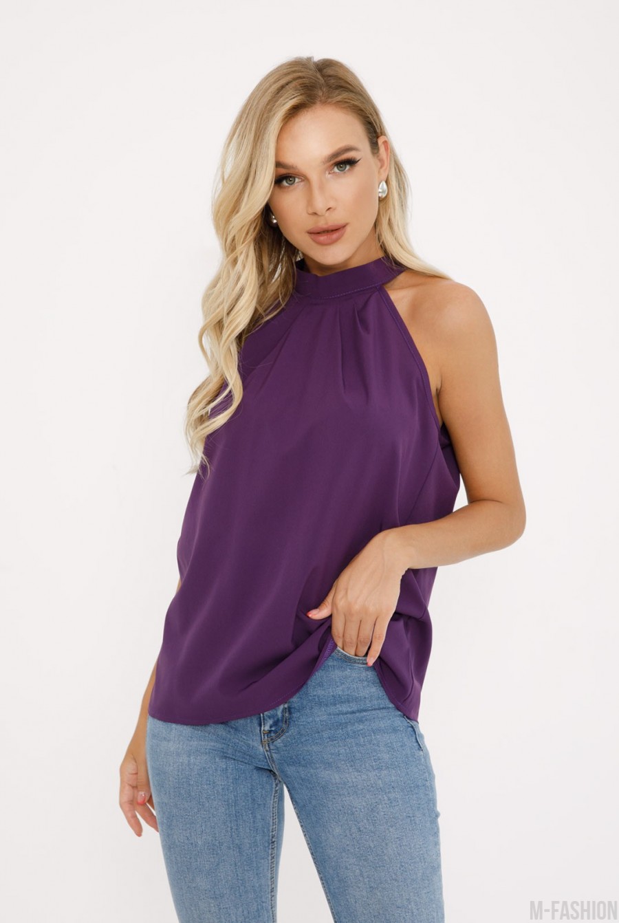 Фиолетовая блуза-халтер с бантом на спинке - Фото 1