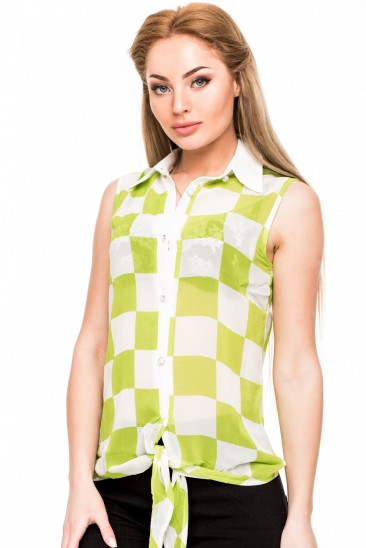 Шифоновая блузка без рукавов в салатовую и белую шахматную клетку