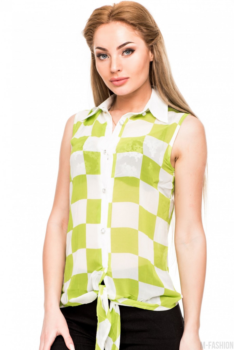 Шифоновая блузка без рукавов в салатовую и белую шахматную клетку - Фото 1