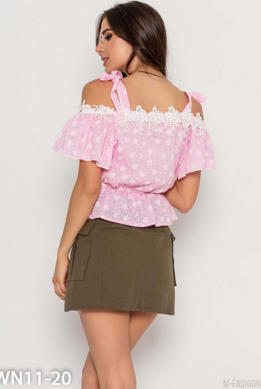 Розовая коттоновая блуза на бретелях с кружевом- Фото 3