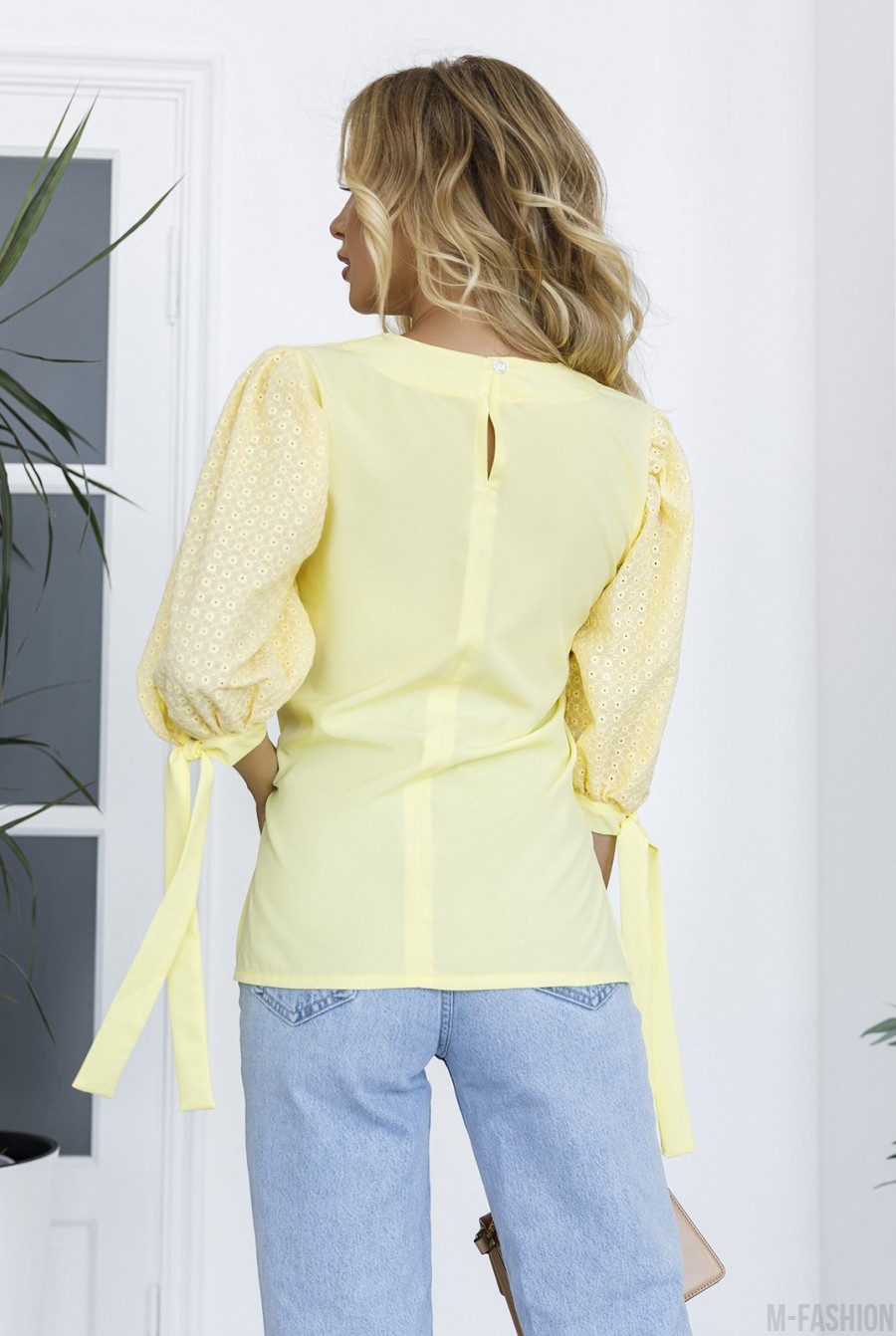 Желтая комбинированная блуза с рукавами-фонариками- Фото 3