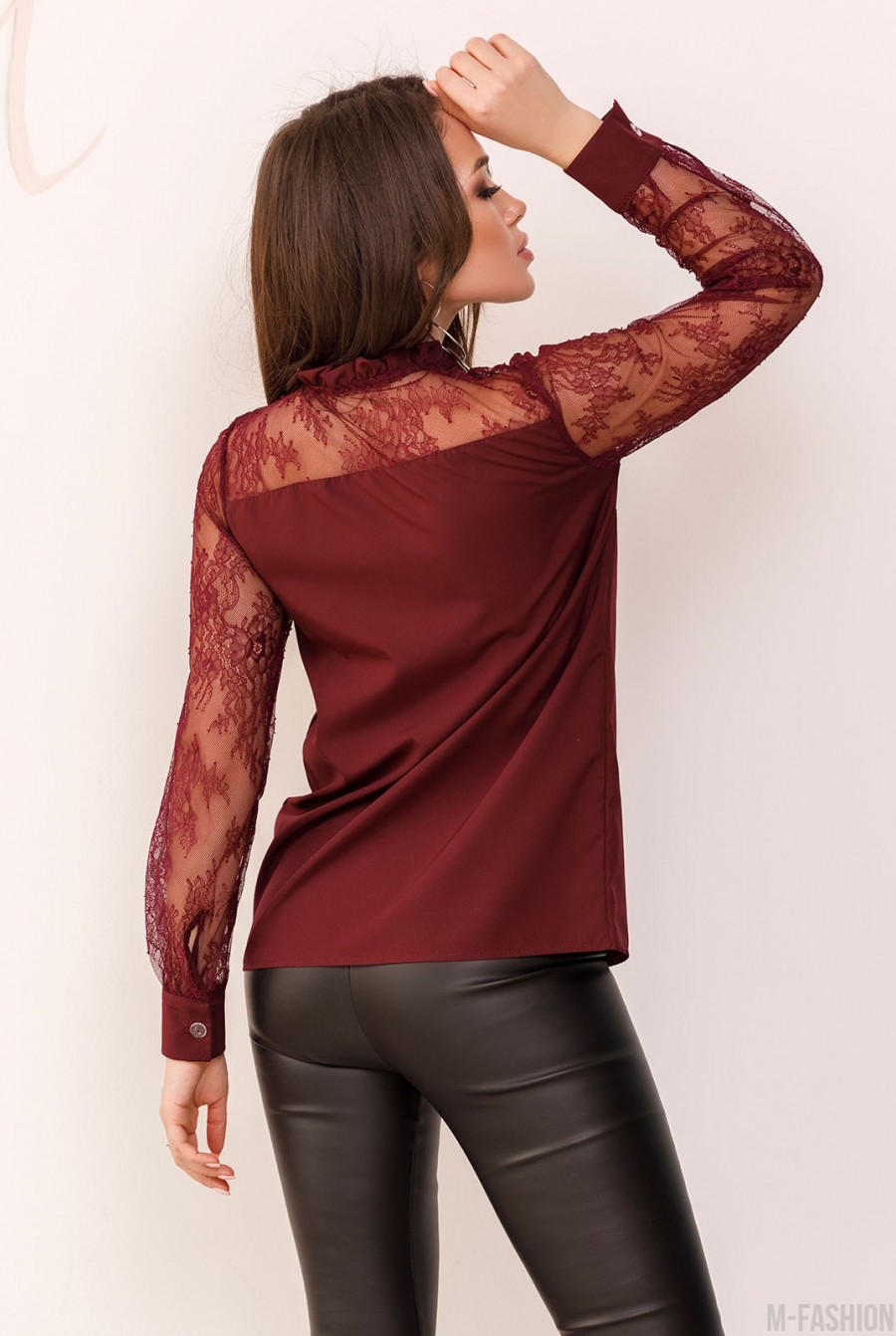 Бордовая блуза с кружевными вставками- Фото 3