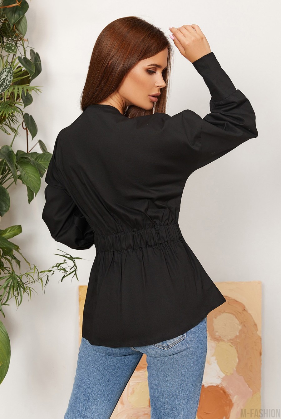 Черная коттоновая блузка со сборками на талии- Фото 2