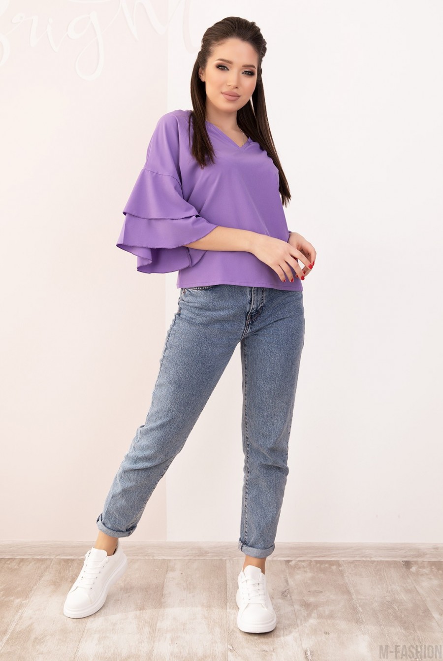 Фиолетовая блуза с воланами на рукавах- Фото 4