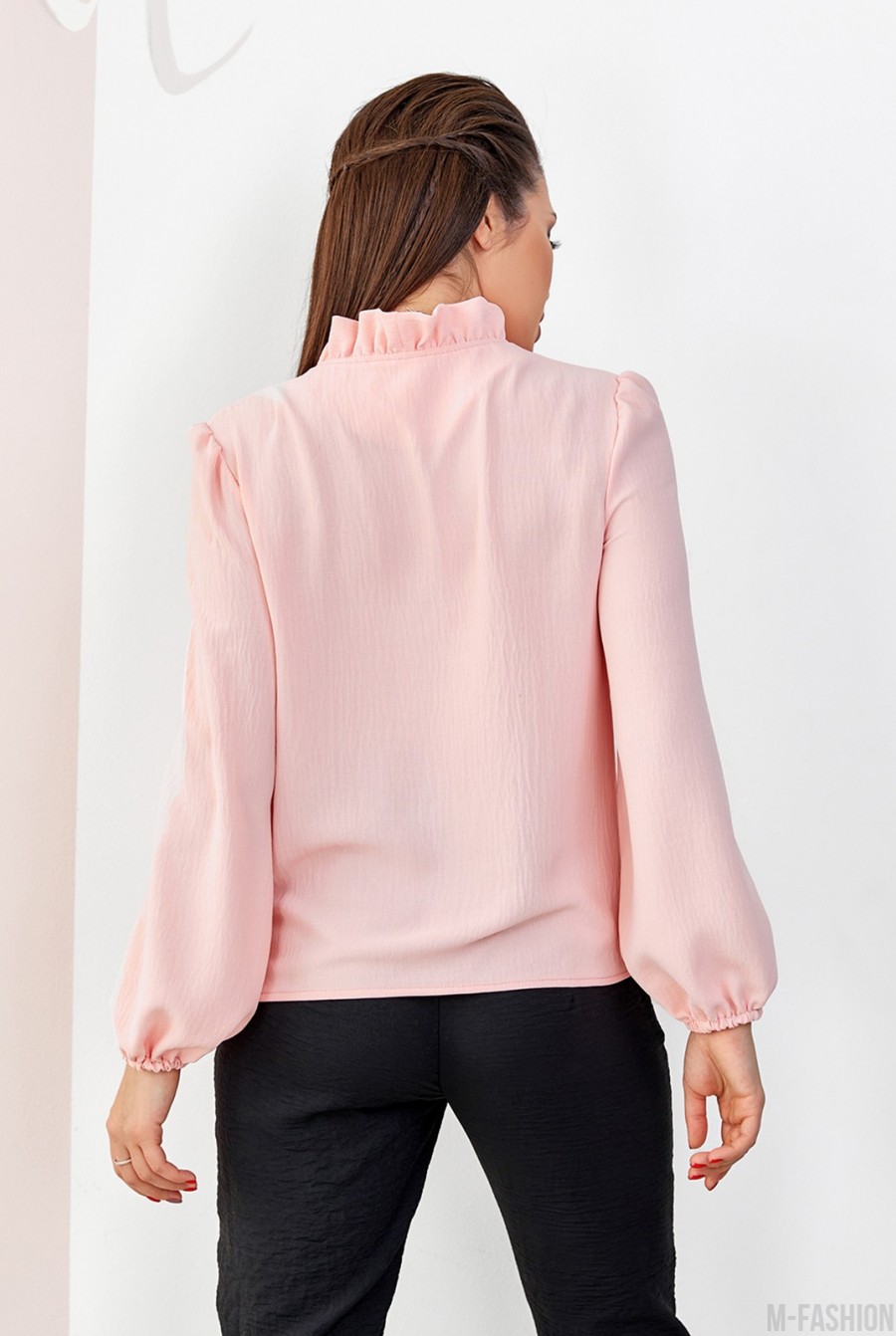 Розовая креповая блузка с рюшами- Фото 3