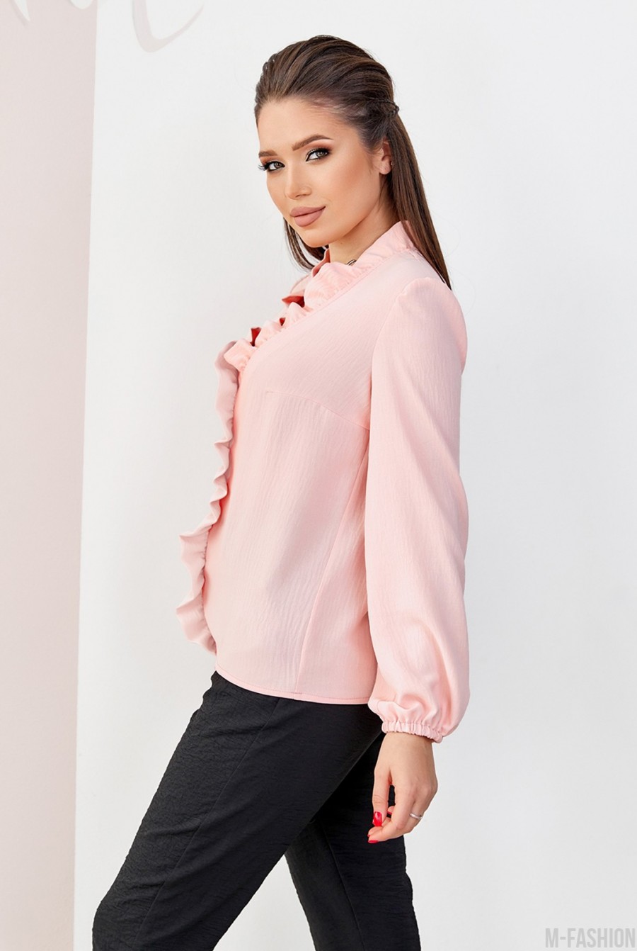 Розовая креповая блузка с рюшами- Фото 2