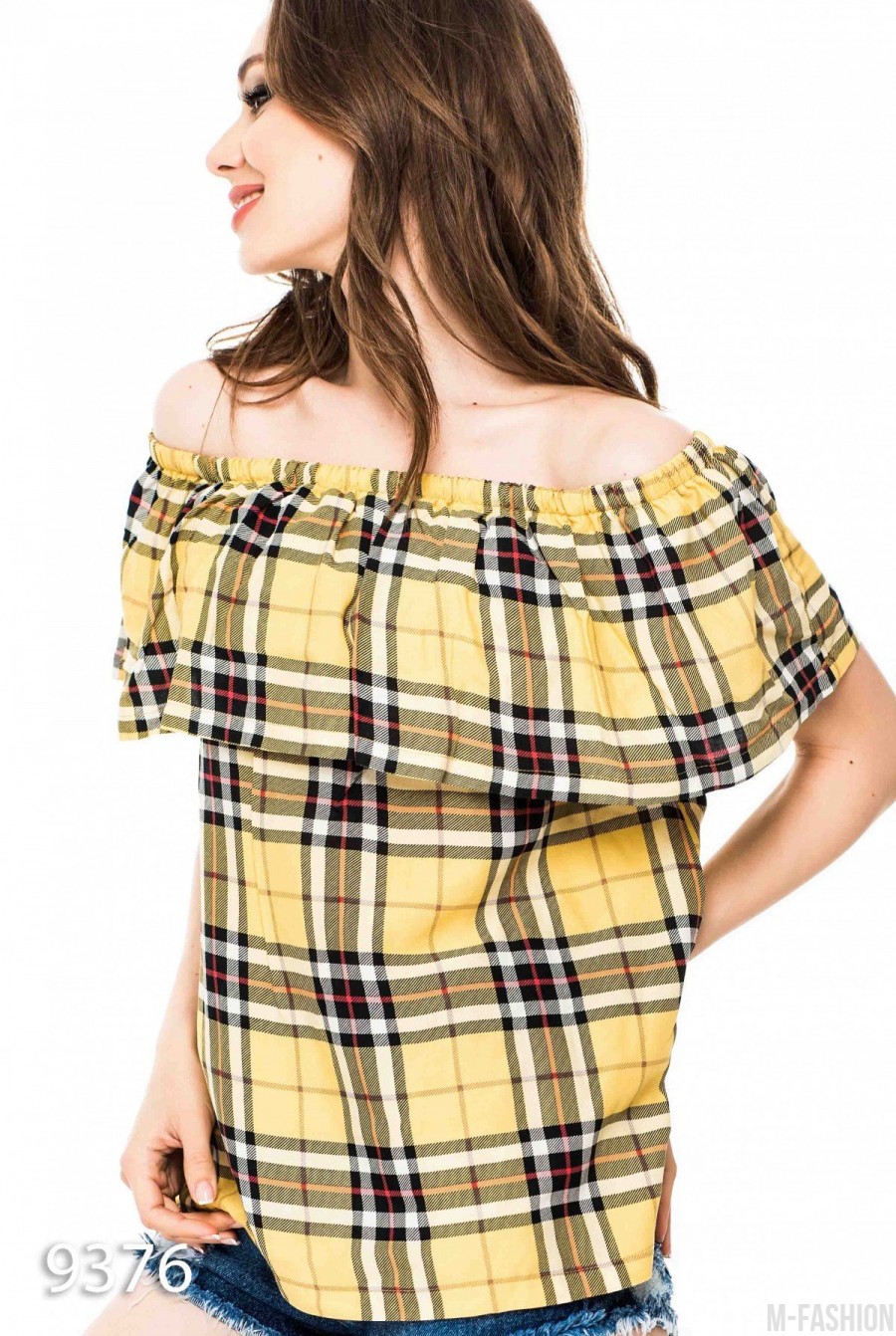 Легкая блузка с отворотом в желтую клетку- Фото 2