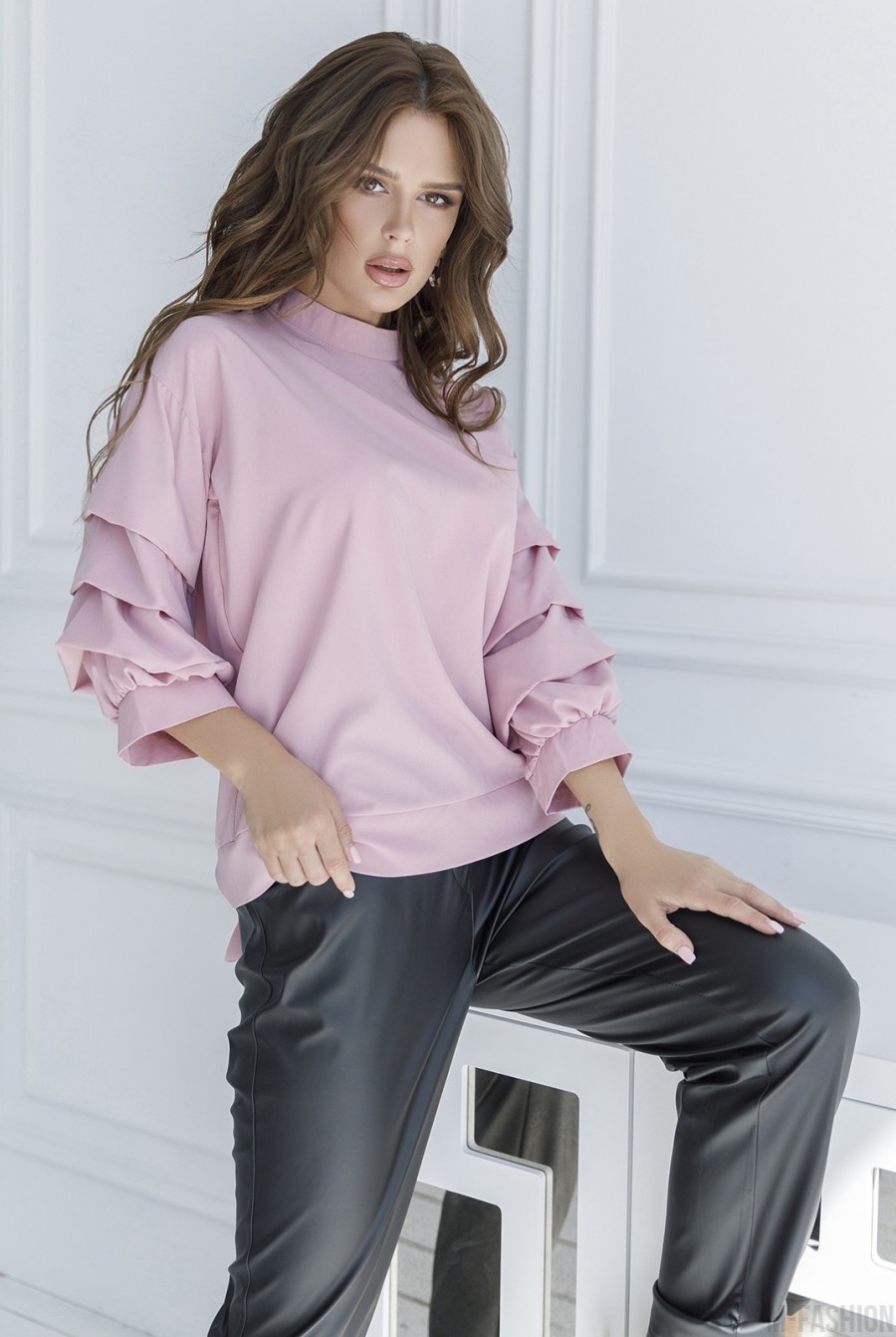 Розовая блуза с присборенными рукавами- Фото 2