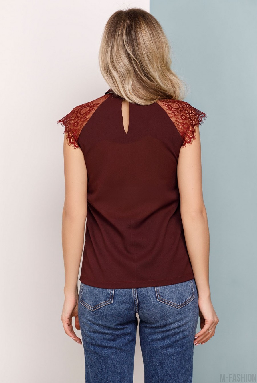 Бордовая блуза с кружевными вставками- Фото 3