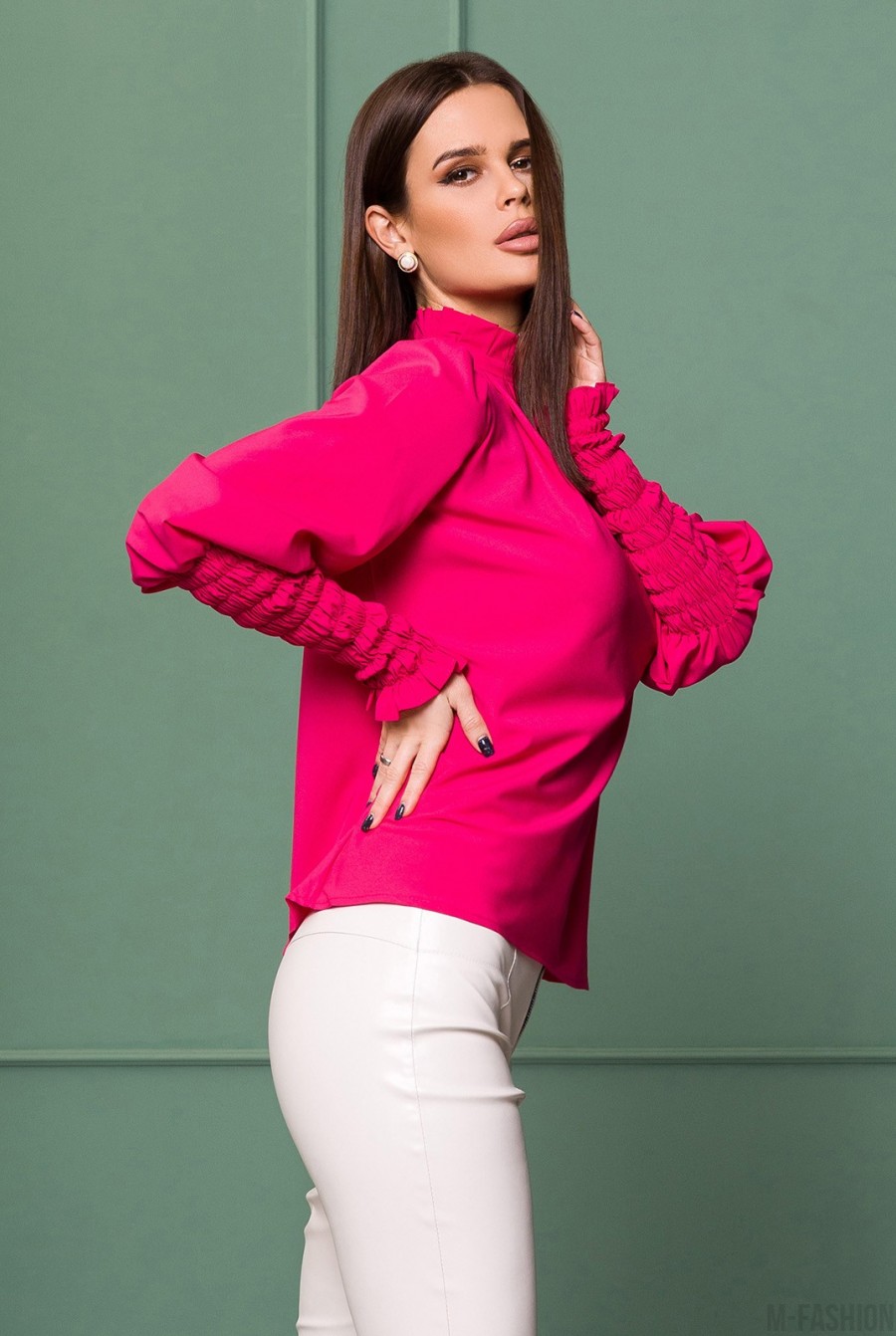 Малиновая блуза с жаткой и рюшами- Фото 2