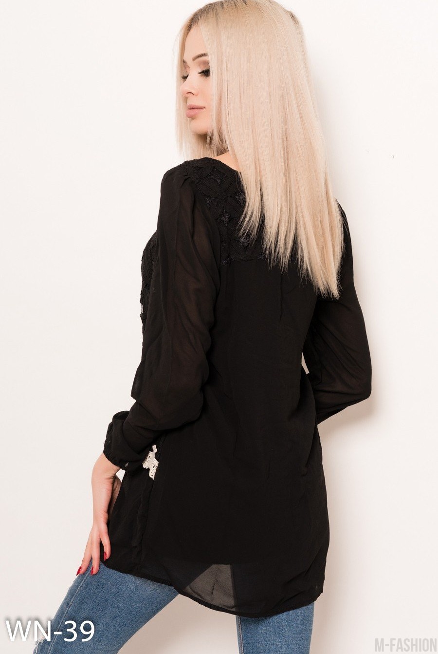 Черная оригинальная блуза с кружевными вставками- Фото 3