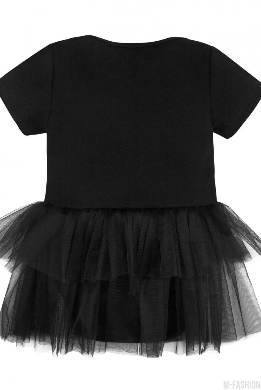 Черное хлопковое боди с короткими рукавами, принтом и фатиновой юбкой- Фото 3