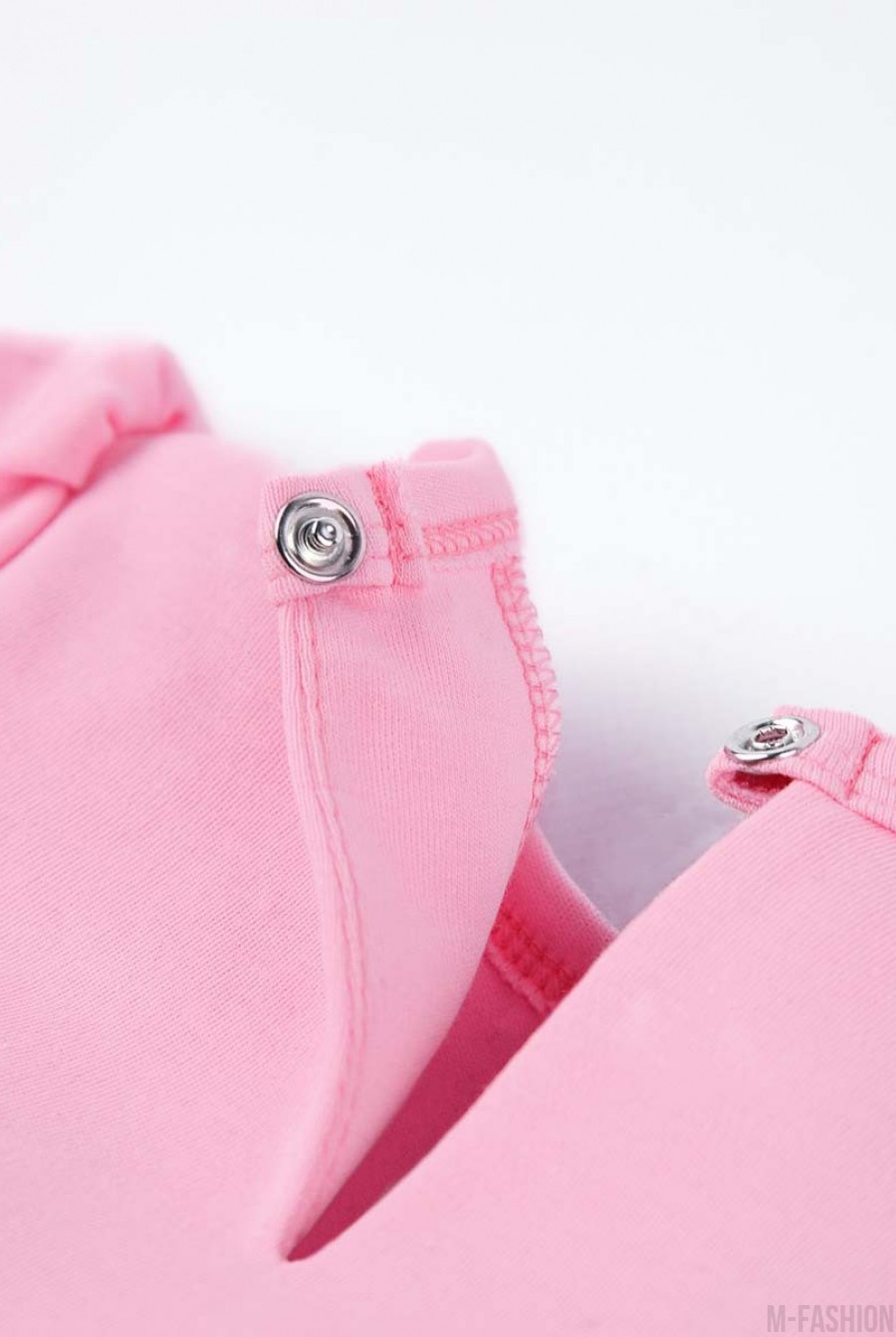 Розовое хлопковое боди с короткими рукавами и принтом- Фото 3