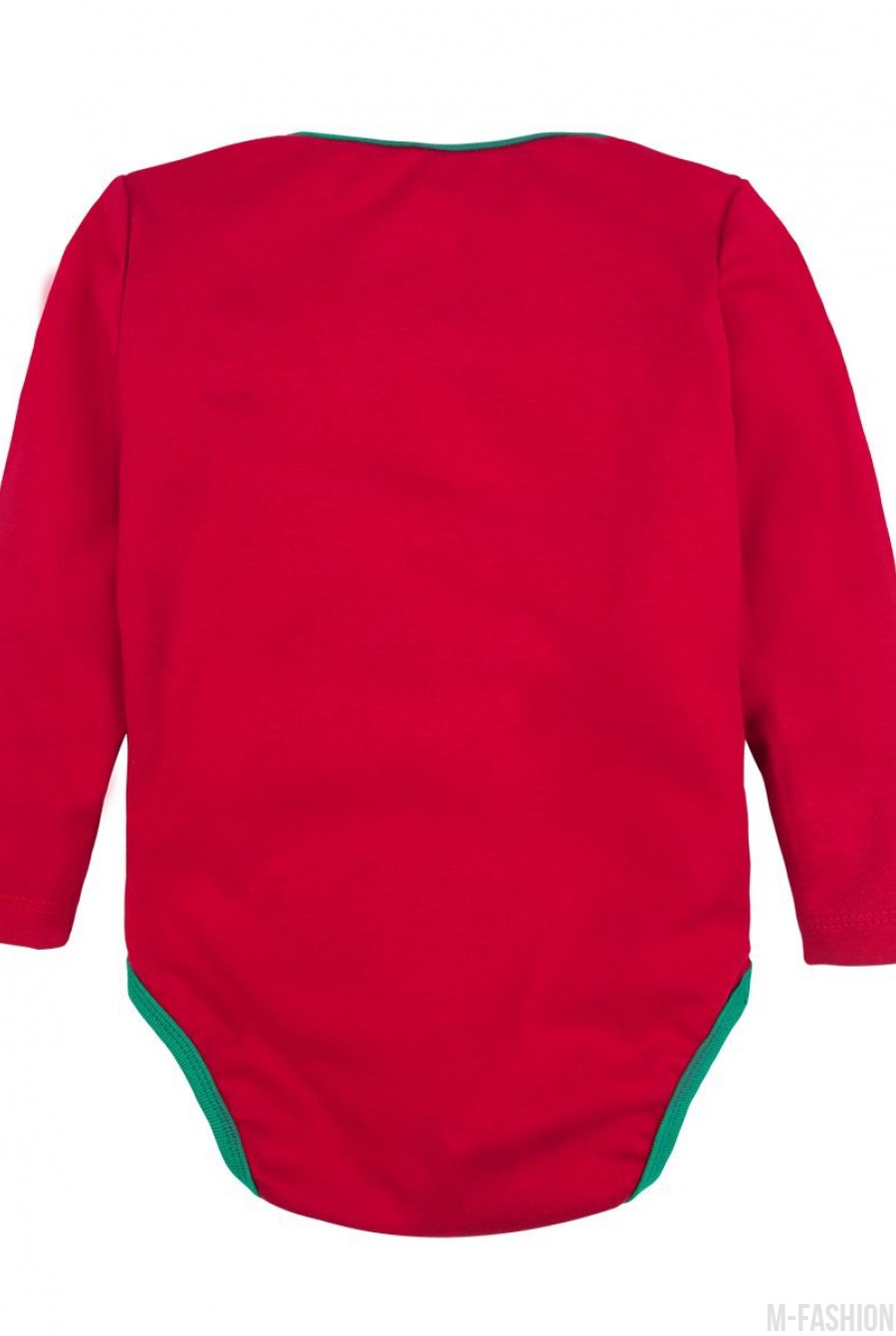 Красное хлопковое боди с длинными рукавами, зеленой бейкой и принтом- Фото 3