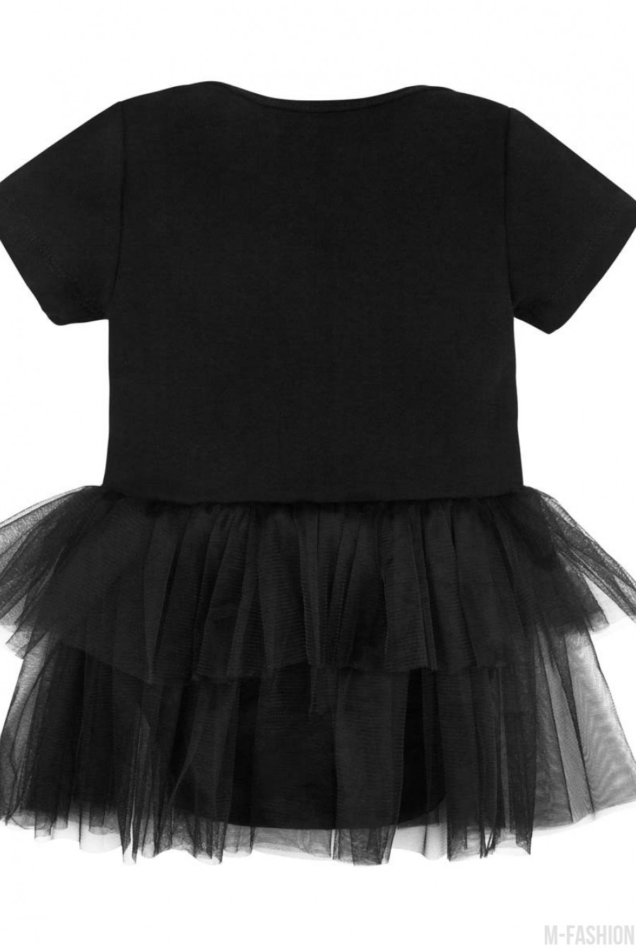 Черное трикотажное боди с принтом и фатиновой юбкой- Фото 3