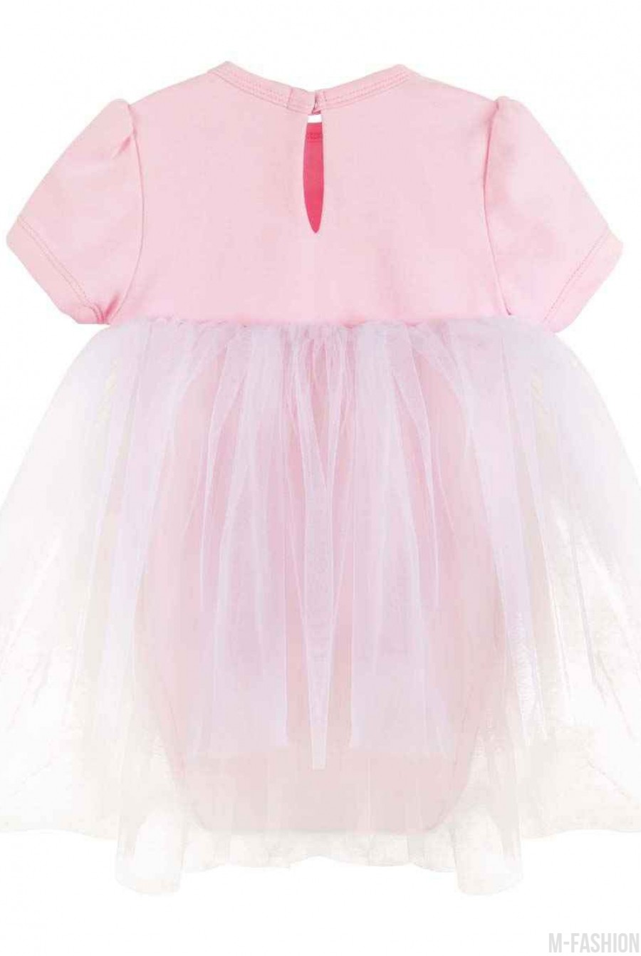 Розовое трикотажное боди с короткими рукавами и длинной фатиновой юбкой- Фото 3