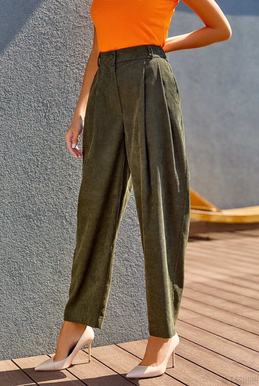 Вельветовые брюки цвета хаки широкого кроя- Фото 2
