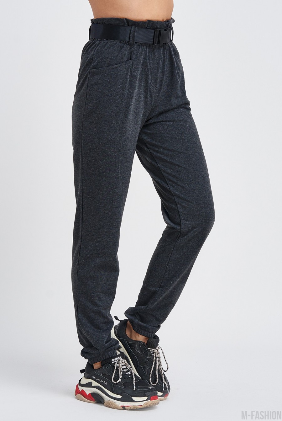 Темно-серые трикотажные брюки с высокой посадкой- Фото 3