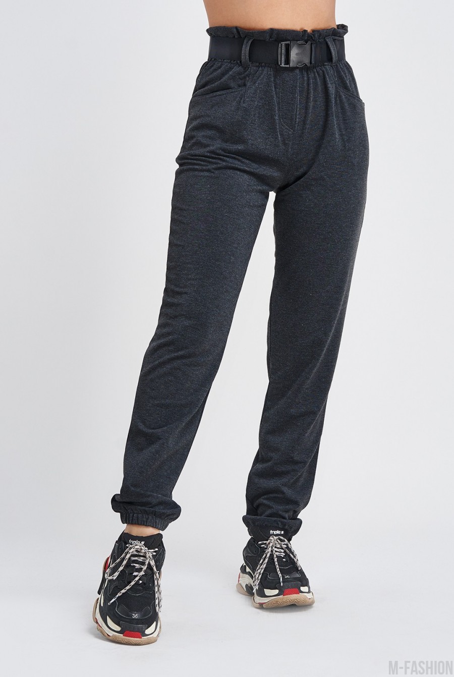 Темно-серые трикотажные брюки с высокой посадкой - Фото 1