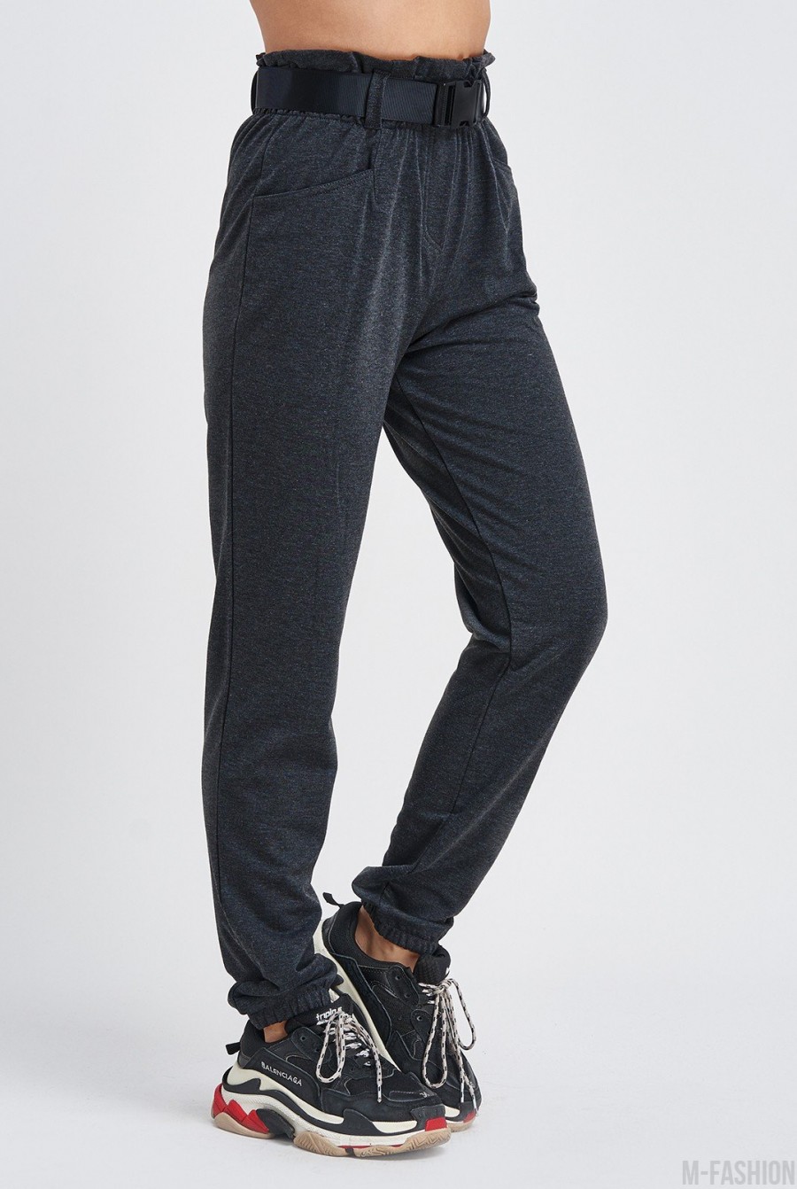 Темно-серые трикотажные брюки с высокой посадкой- Фото 2