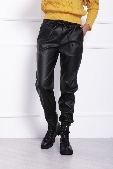 Черные кожаные свободные брюки-джоггеры