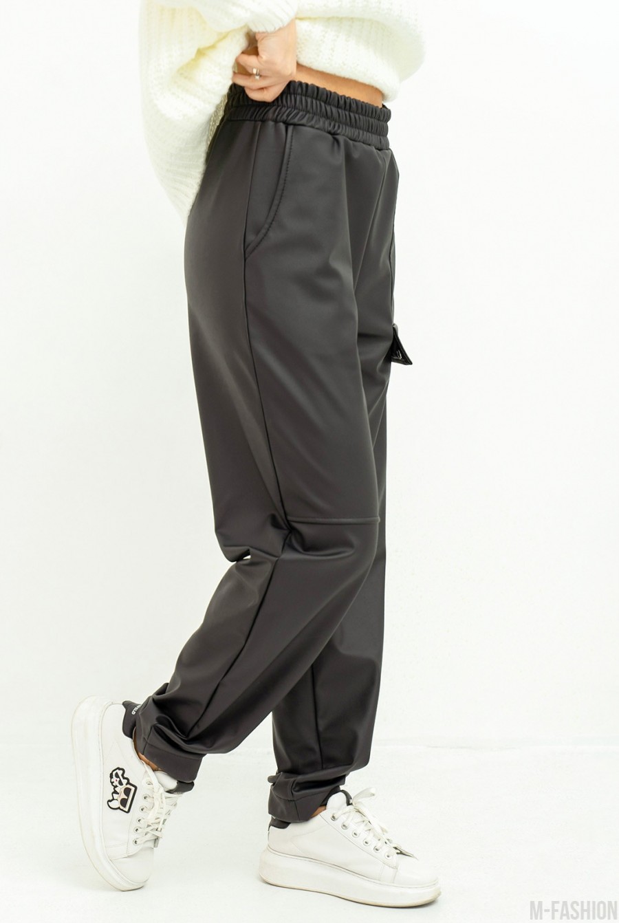 Черные теплые кожаные штаны с клапаном- Фото 2