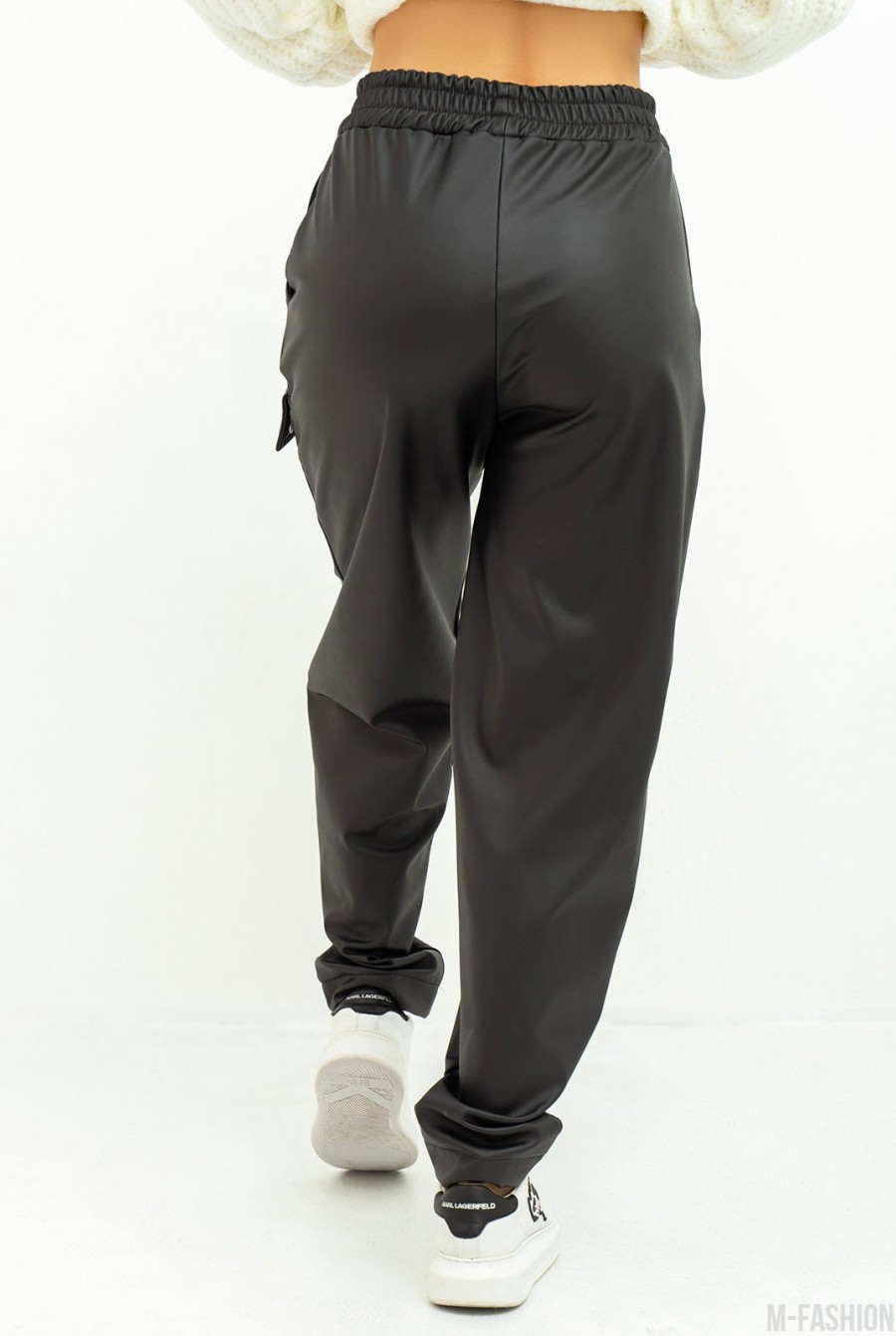 Черные теплые кожаные штаны с клапаном- Фото 3