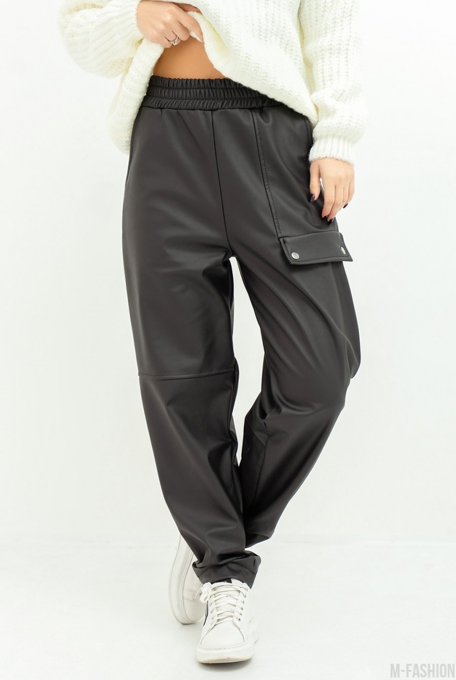 Черные теплые кожаные штаны с клапаном - Фото 1