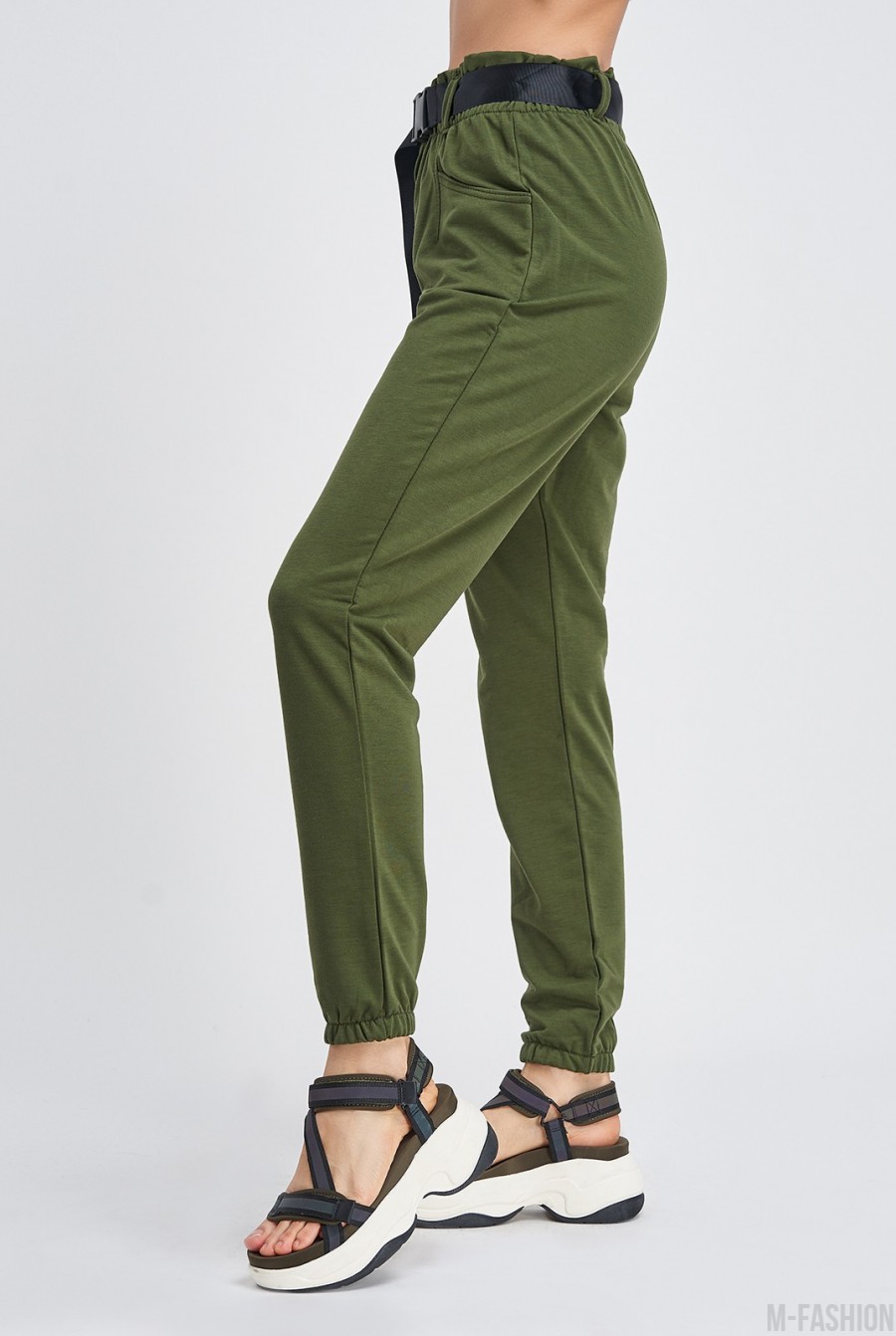 Трикотажные брюки цвета хаки с высокой посадкой- Фото 3