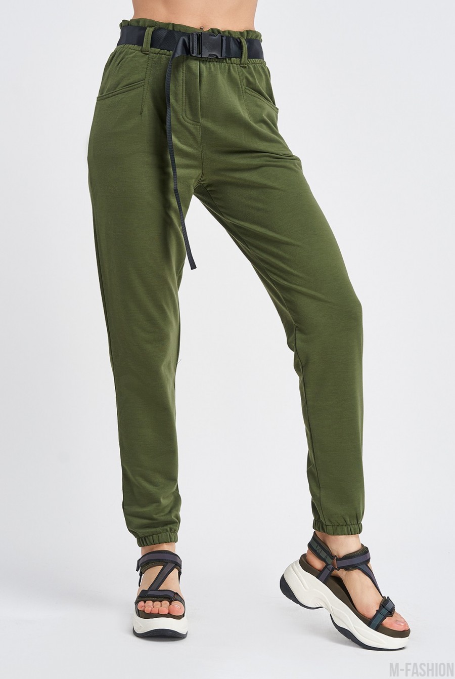 Трикотажные брюки цвета хаки с высокой посадкой - Фото 1