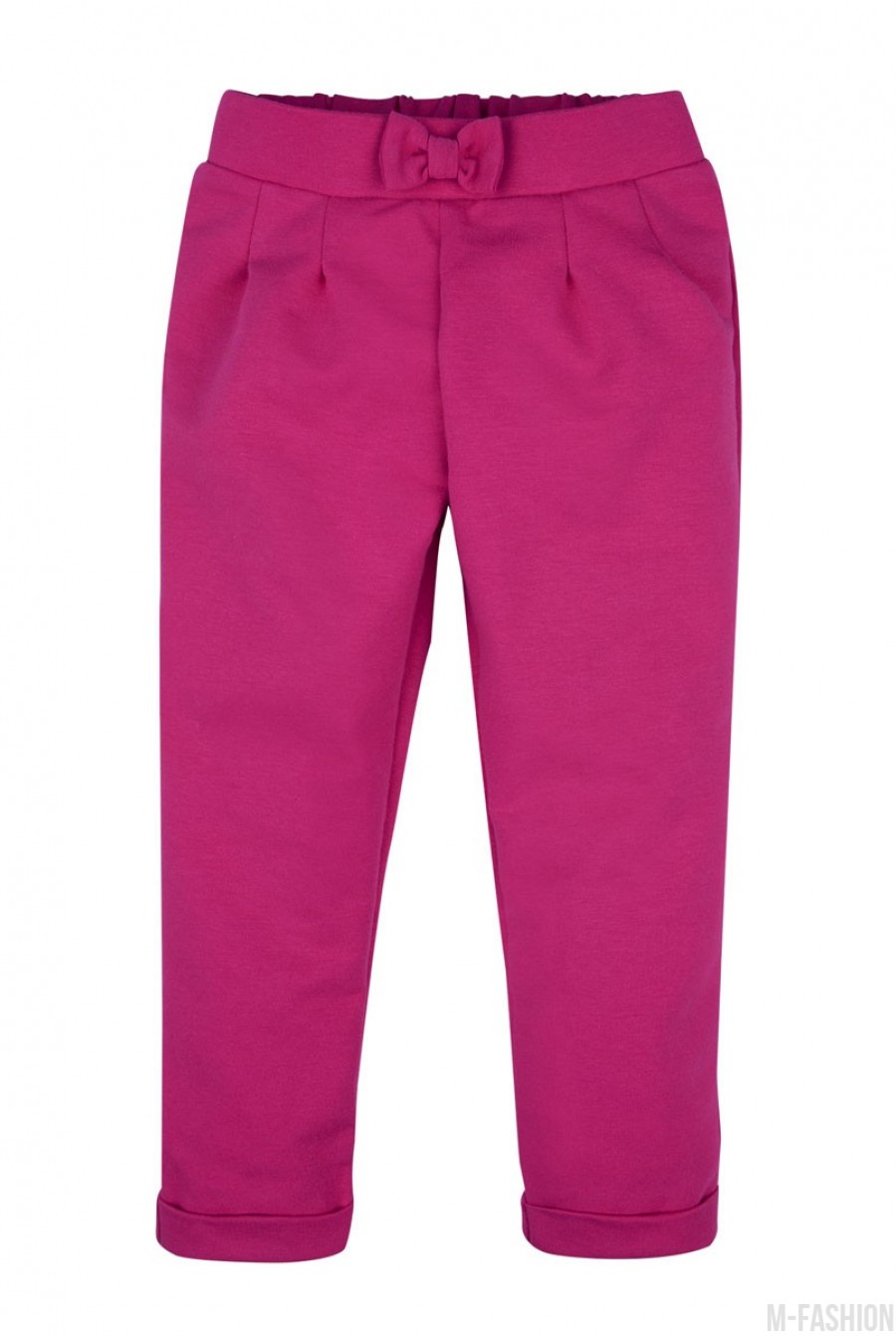 Розовые брюки из футера с бантом на резинке и подворотами - Фото 1