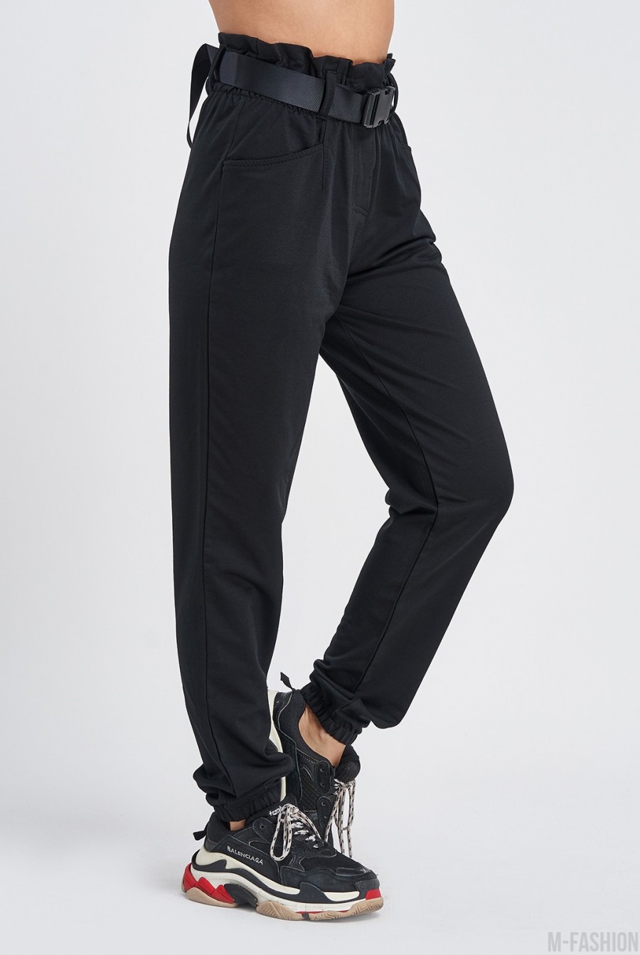 Черные трикотажные брюки с высокой посадкой- Фото 3