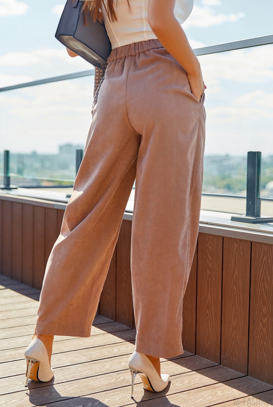 Бежевые вельветовые брюки широкого кроя- Фото 4