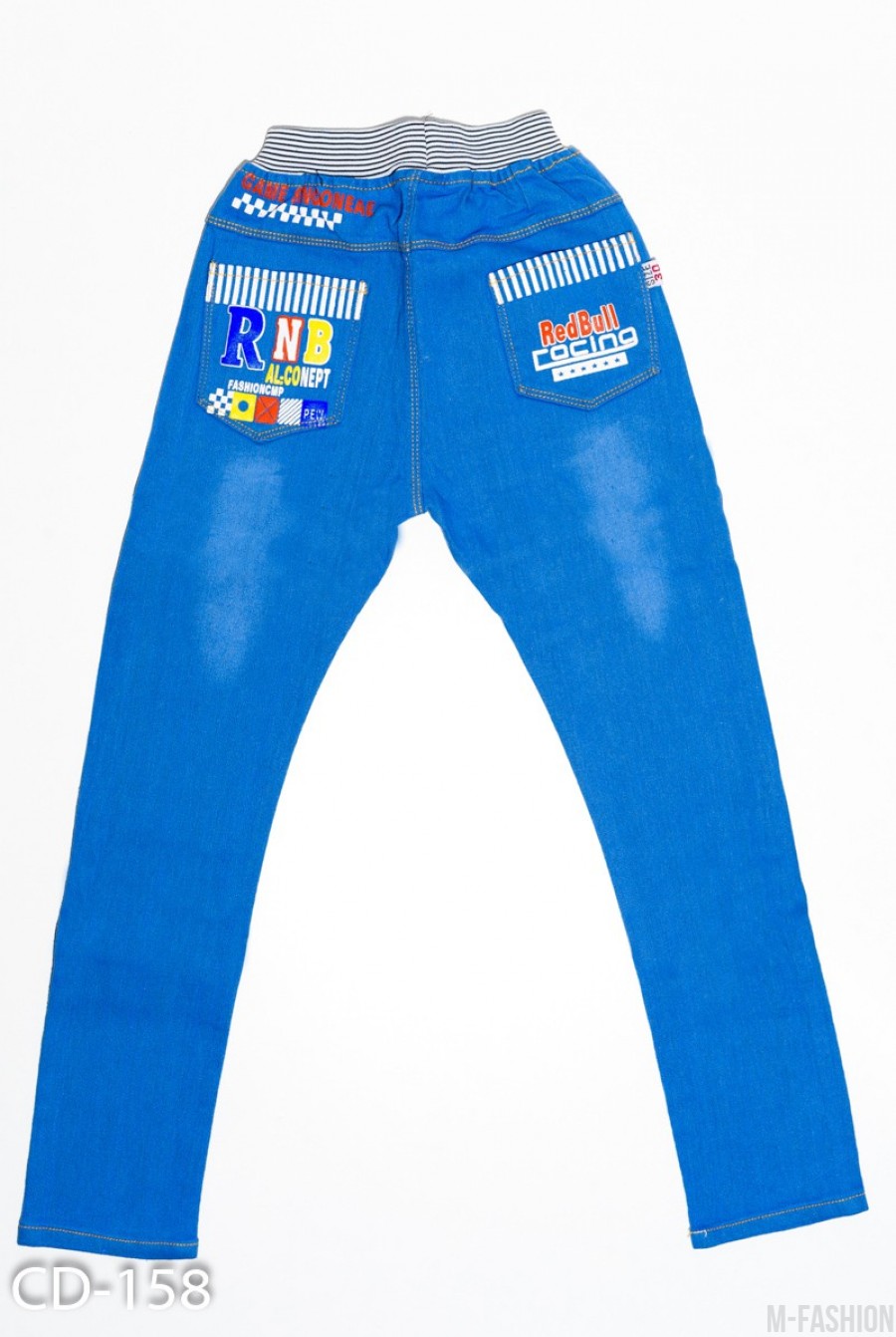 Голубые джинсы на резинке с принтом и карманами сзади- Фото 3