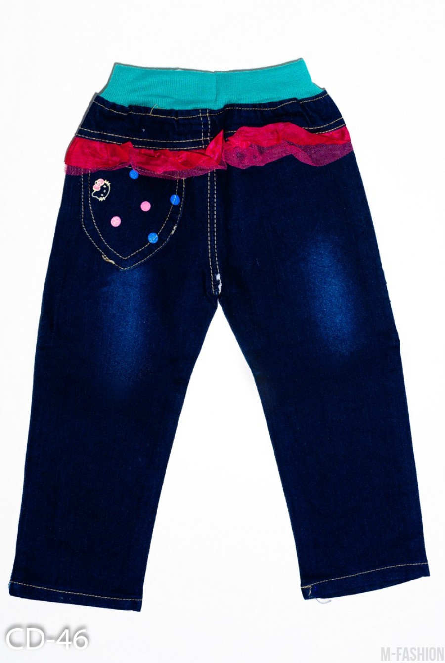 Синие джинсы с рюшами и принтом- Фото 3