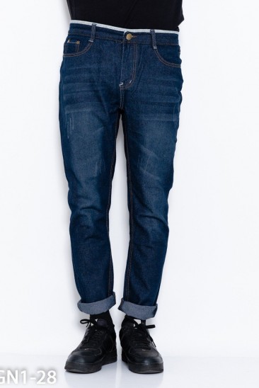 Синие прямые мужские джинсы с перфорацией