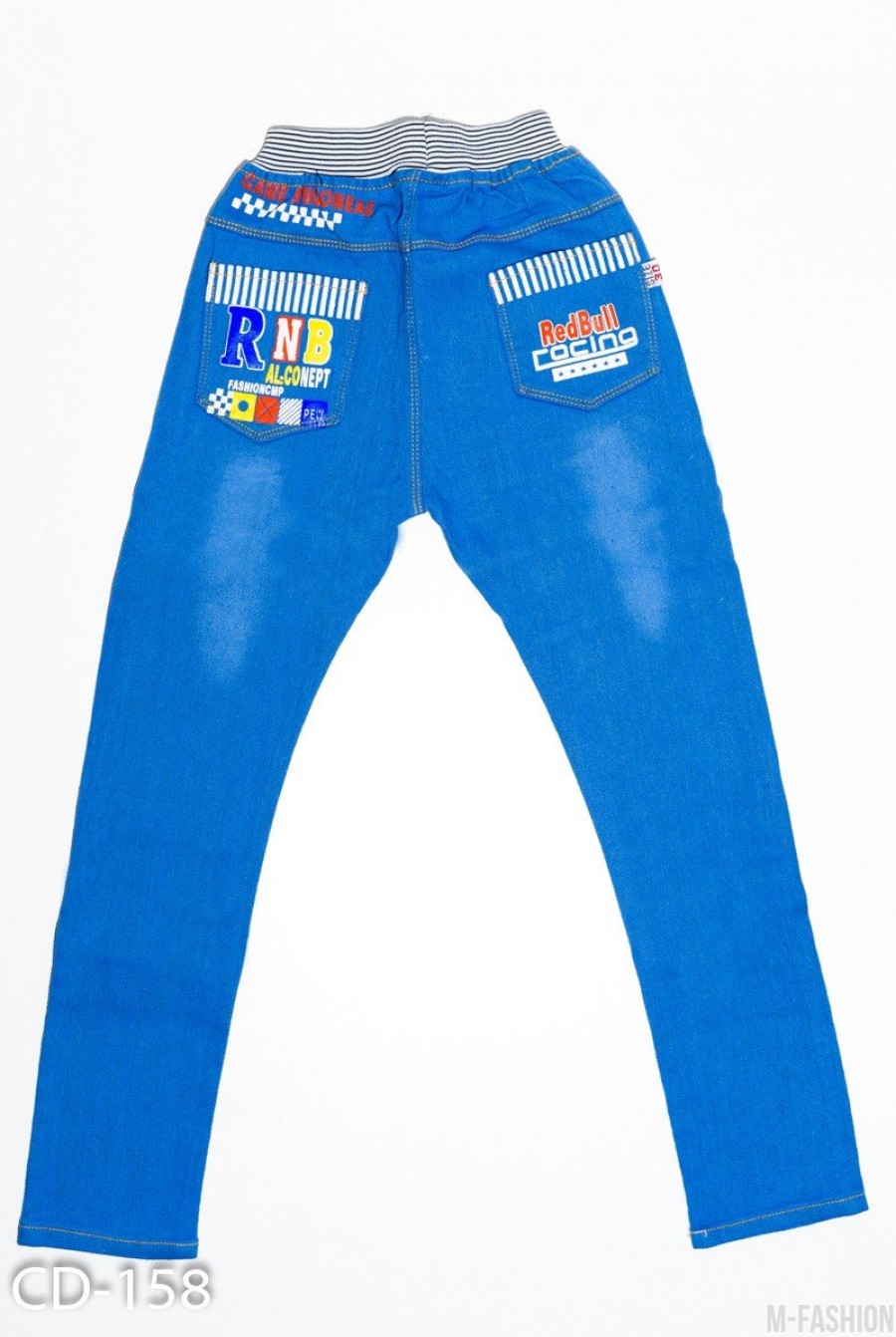 Голубые джинсы на резинке с принтом и карманами сзади- Фото 2