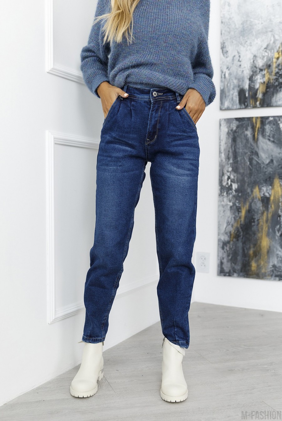 Синие свободные джинсы с потертостями - Фото 1