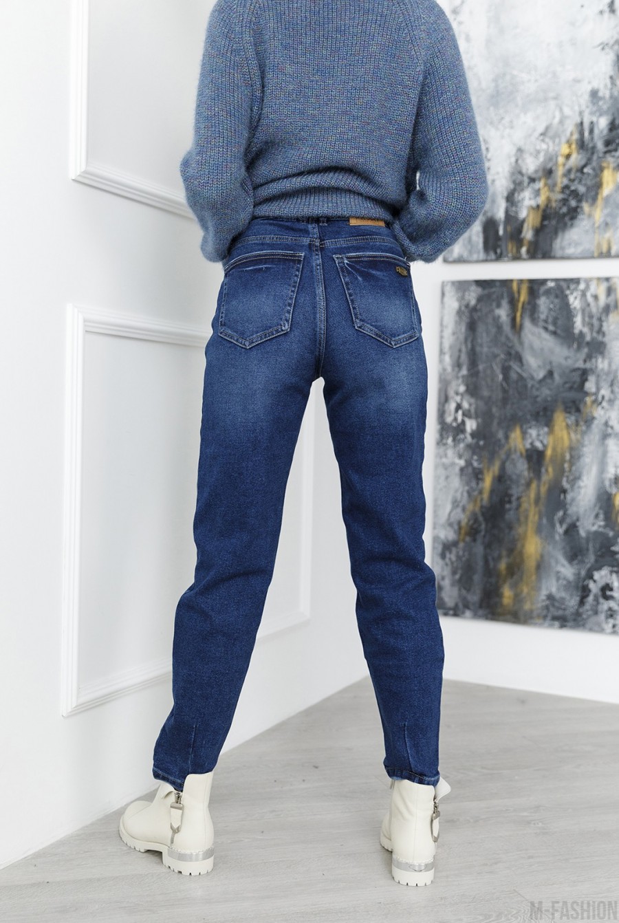 Синие свободные джинсы с потертостями- Фото 3