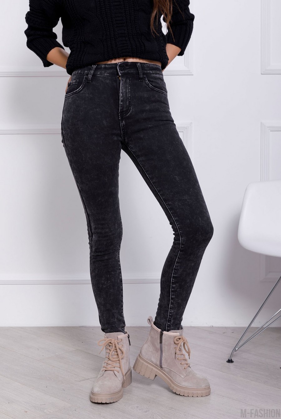 Темно-серые винтажные джинсы скинни - Фото 1