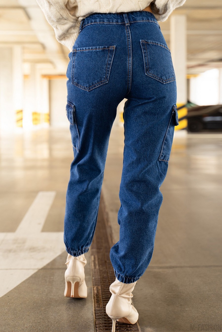 Синие джинсы карго с эластичными манжетами- Фото 3