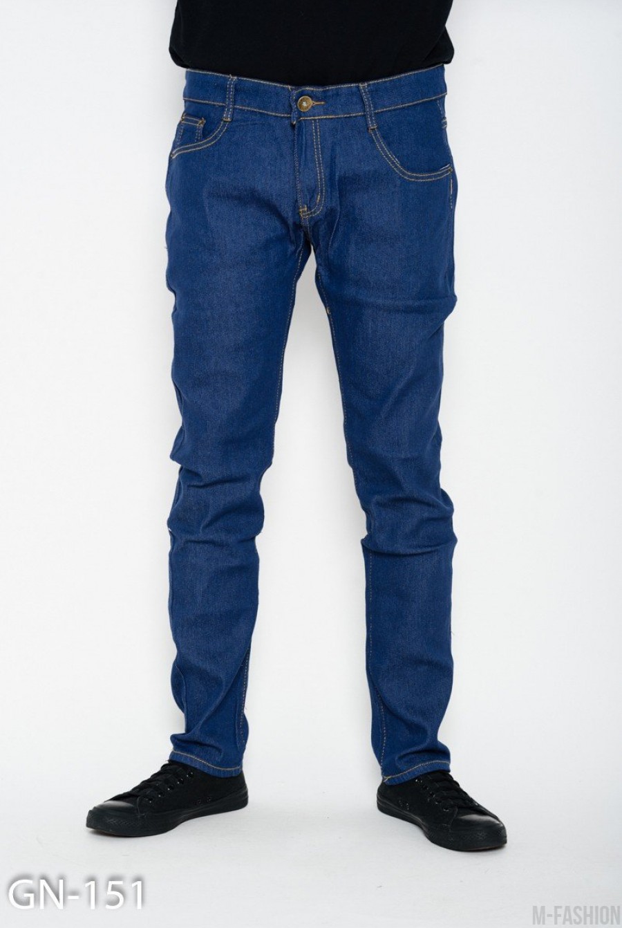 Синие тонкие однотонные джинсы прямого кроя - Фото 1