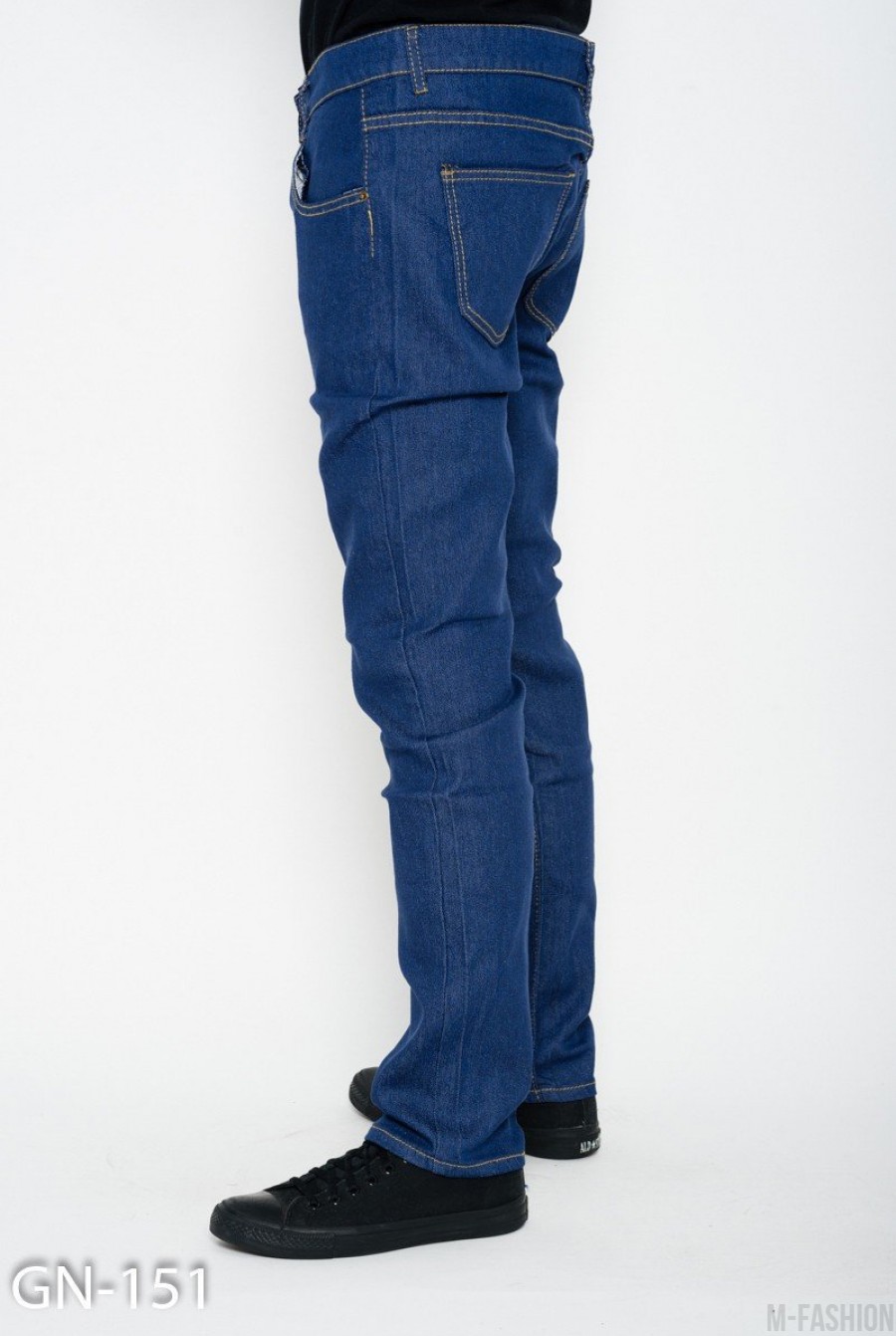 Синие тонкие однотонные джинсы прямого кроя- Фото 2