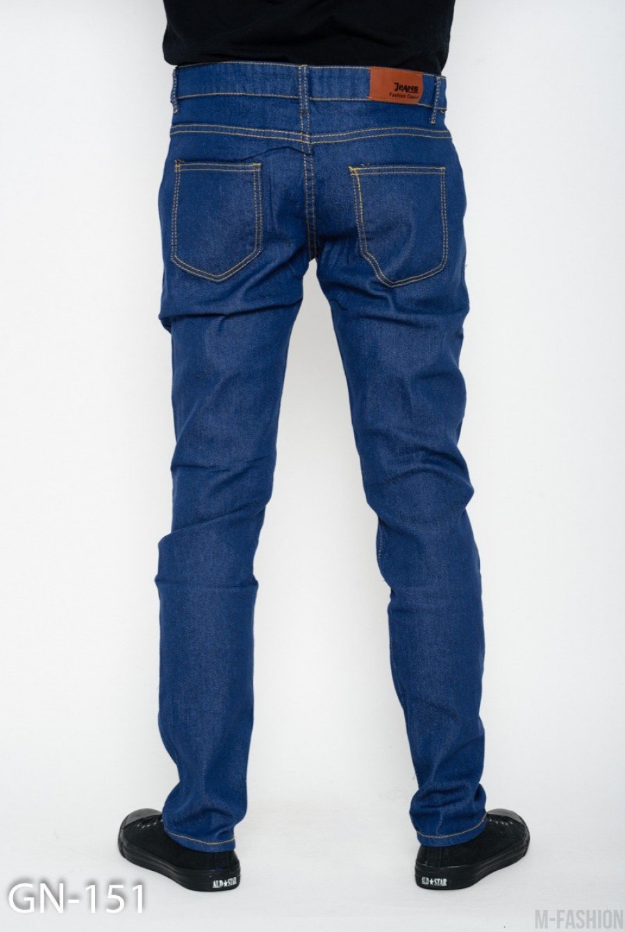 Синие тонкие однотонные джинсы прямого кроя- Фото 3
