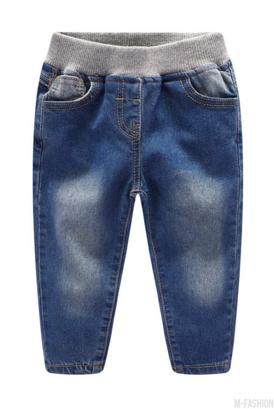 Зауженные джинсы с потертостями на резинке- Фото 2